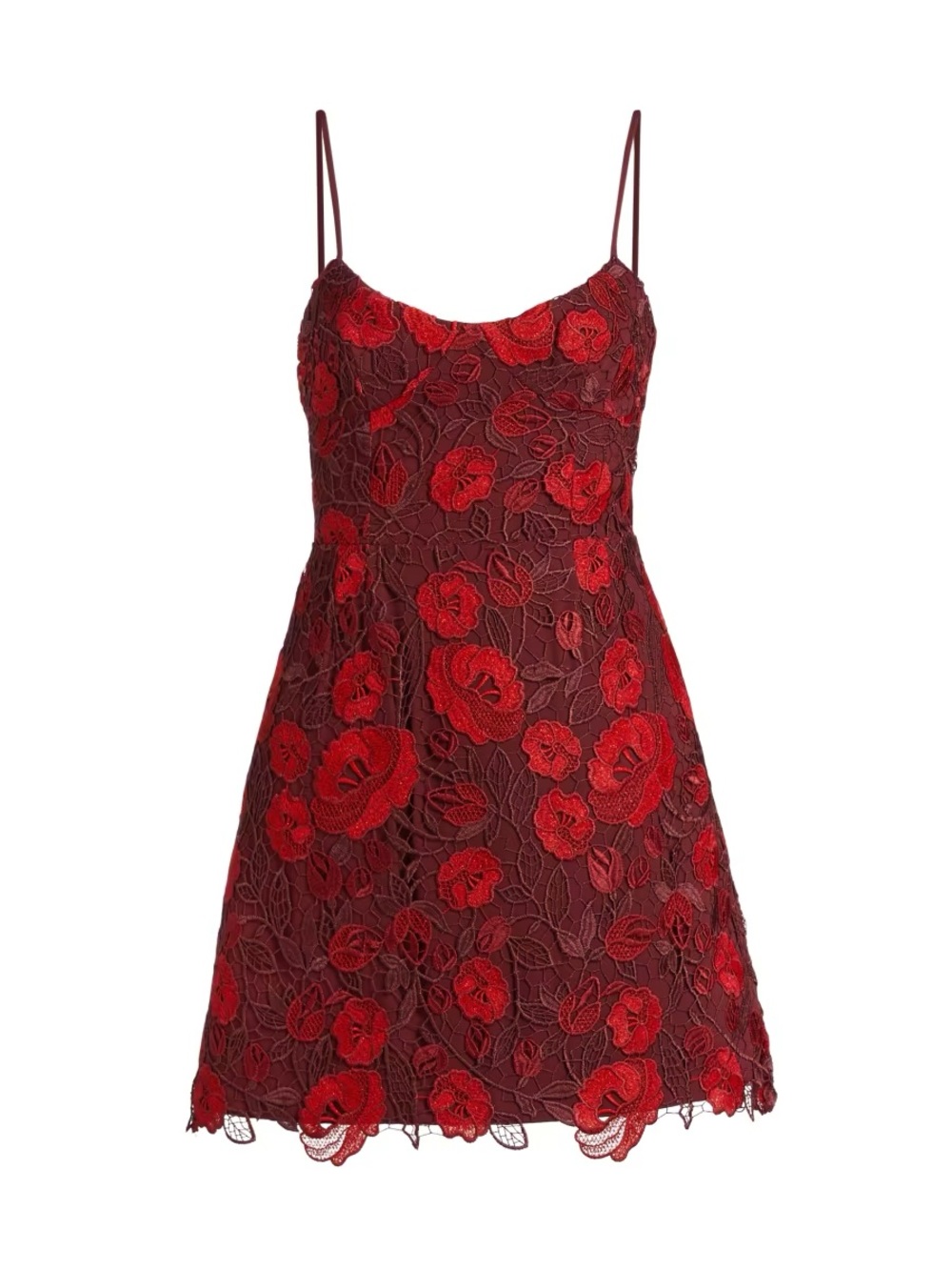 Monique Lhuillier Burgundy with Red Floral Lace Mini Dress